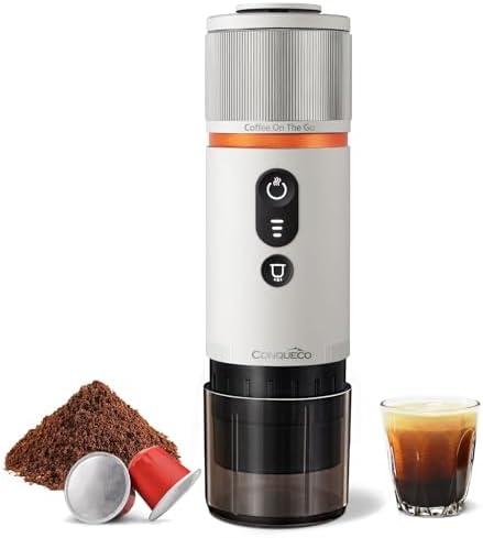 CONQUECO Portable Espresso Coffee Machine: 12V Electric Small Travel Expresso Maker - Self Heating 8 Cups Battery Powered Compatible for Nespresso Capsule - for Camping RV Hiking Office (Pearl White) by CONQUECO
