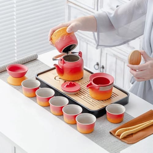 ICHAG Chinese Tea Set, Japanese Tea Sets for Adults, 15-Piece Porcelain Gongfu Tea Set with Teapet & Tea Tray, Japanese Teapot Sets, Travel Tea Party Sets, for Home/Office/Outdoor/Gifts (Red) - Image 6
