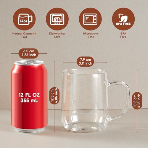 Glass Coffee Mugs, 16 oz Glass Coffee Cups Set of 6, Clear Borosilicate Glass Mugs with Handles for Cappuccino, Tea, Latte, Hot/Cold Beverages, Wine, Americano - Image 2