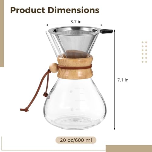Pour Over Coffee Maker, 20 Oz Heat Resistant Borosilicate Glass Carafe With Stainless Steel Filter And Wood Collar For Camping, Hiking, Home, Office - Image 2