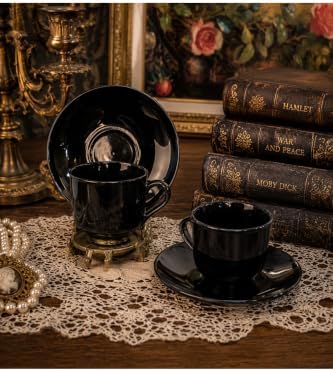 SODEF Black Porcelain Coffee Cup Set - 4 Piece Vintage Chic | 180-200 ml | Modern & Vintage Style | Durable Ceramic for Turkish Coffee, Cappuccino, Tea | refined Gift - Black by Unknown