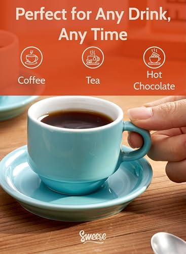 Sweese 4 Ounce Porcelain Stackable Espresso Cups with Saucers and Metal Stand Set of 4, Turquoise - Image 4