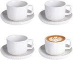 8oz Cappuccino Cups With Saucers - Set Of 4 Latte Mugs With Saucers - White Cream Ceramic Coffee Mugs For Latte, Au Lait, Flat White, Mocha, Tea, Embossed Coffee Cups by Vitrignis