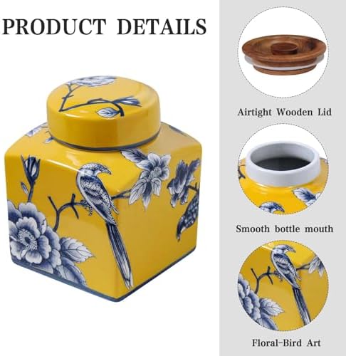 Coffee Bean Storage Canister with Airtight Lid, Decorative Ceramic Tea Jar with Vintage Floral Pattern, Sugar Container & Spice Jar for Kitchen Countertop or Cabinet - Yellow Bird & 30oz - Image 3