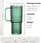 20 oz Green Glass Tumbler with Lid and Straw, Glass Iced Coffee Cups, Spill-proof Glasses Tumbler with Handle, Glasses Drinking Set of 4, Vintage Glassware for Cocktail, Smoothies - Image 2