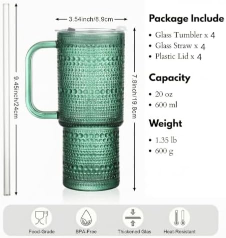20 oz Green Glass Tumbler with Lid and Straw, Glass Iced Coffee Cups, Spill-proof Glasses Tumbler with Handle, Glasses Drinking Set of 4, Vintage Glassware for Cocktail, Smoothies - Image 2