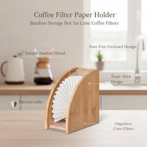 Bamboo Coffee Filter Holder Box with Lid for Cone Filters, Kitchen Counter Storage Organizer - Image 5