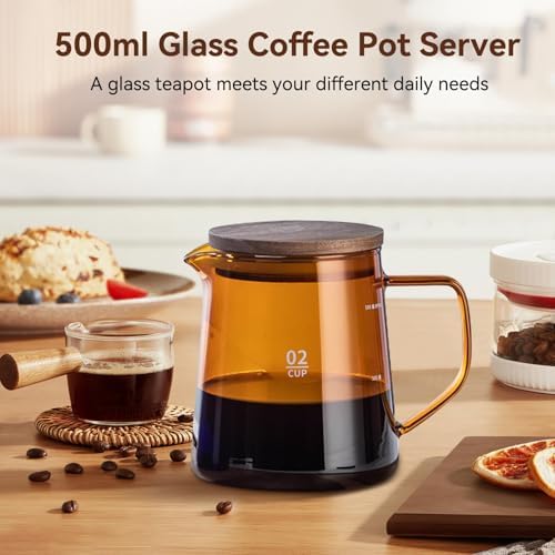Small Glass Carafe, 16.9oz Glass Coffee Server Manual Pour over Coffee Beaker Tea Pot with Wooden Lid Clear Teakettle Borosilicate Glass Decanter (Brown) - Image 2