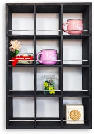12 Grid coffee mug display shelf, 17x25" Wooden cup shelf for wall, Black by YIYUESHIJIU