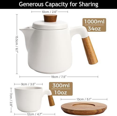 MIAMIO – 34 Oz Ceramic Tea Pot Set with Infuser and Cups/Tea Strainer, 4 Ceramic Tea Mugs (10 Oz), Bamboo Saucers/Handle for Home and Office (White) - Image 2