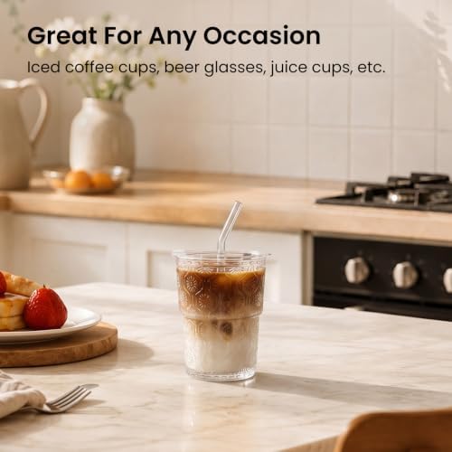 INSETLAN Iced Coffee Cups with Lids and Straws, 13 oz Glass Tumbler - Image 2