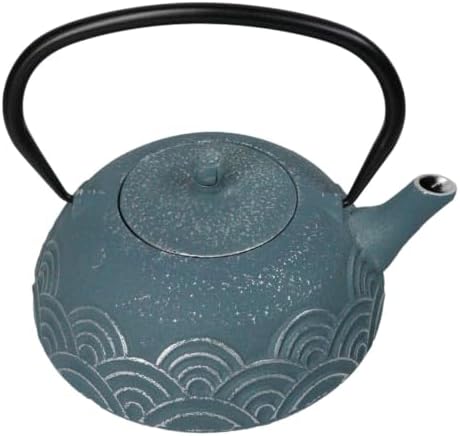 Ebros Gift Traditional Oriental Tetsubin Blue Seigaiha Waves Design 40oz Cast Iron Teapot With Enameled Interior And Strainer Asian Japanese Chinese Fusion Housewarming Tea Pot Accent - Image 3