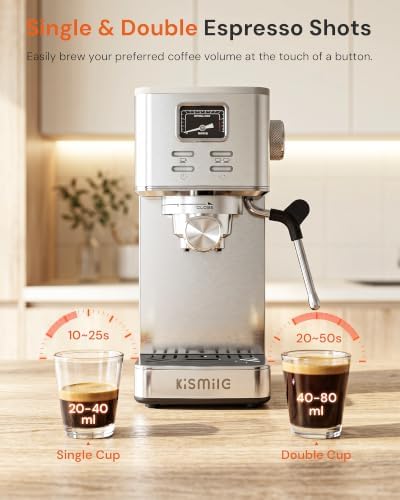 Kismile 20 Bar Espresso Machine with Milk Frother, Compact Semi-Automatic Espresso Maker, Stainless Steel, Pressure Gauge, 1.4L Water Tank, Hot Water Function for Cappuccino & Latte (Silver) - Image 3