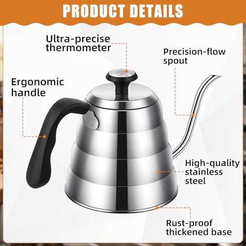 2 Sets Tea Kettle with Thermometer Pot and 2 Pcs Brushes, 40 Fl oz Stainless Steel Gooseneck Pour over Coffee Maker Teapot Pour over Coffee Kettle, 1200ml for Home Kitchen Camping - Image 3
