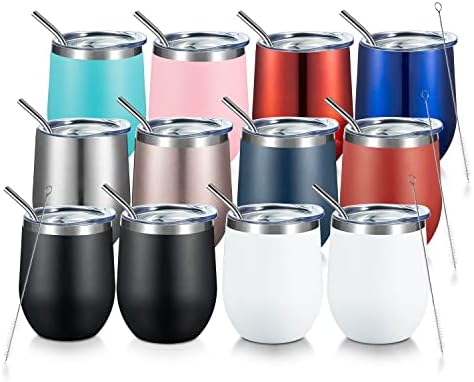 COMOOO Stainless Steel Wine Tumbler with Lid and Straw 12oz Double Wall Vacuum Insulated Travel Tumbler Cup for Coffee, Wine, Cocktails, Champagne (Mix color,12 Pack) by COMOOO