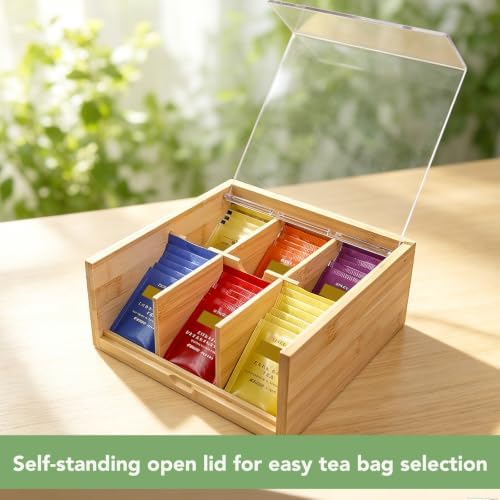 HTB Bamboo Tea Bag Organizer Storage Box with 6 Compartments - Image 3