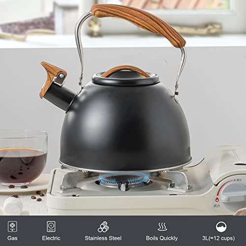3.2 Quart Whistling Tea Kettle for Stove Top Stainless Steel Tea Pots With Wood Pattern Anti-slip Handle, Black… - Image 3