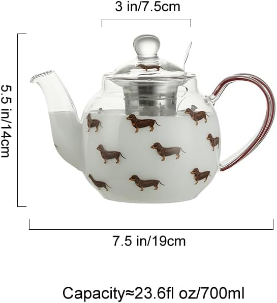 Clear Glass Teapot with Dachshund Dog Decal 700ml, London Pottery Borosilicate Loose Leaf Tea Maker with Stainless Steel Infuser - Image 2