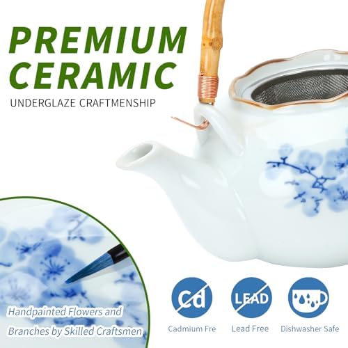 Japanese Tea Set Porcelain Tea Set with Teapot and Tea Cup Set for 4, Blue and White Tea Sets for Adults with Stainless Infuser and Bamboo Tray, Asian Tea Set for Tea Lovers/Women/Men (Plum & Bamboo) - Image 2
