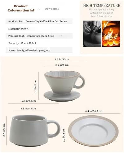 Ceramic Pour Over Coffee Dripper Set, 10oz/320ml Stoneware Single Serve Coffee Maker, 3 Holes Flat Bottom & Ribbed Grooves, Dishwasher/Microwave/Oven Safe for Home Office, Beige (Slate Gray) - Image 7