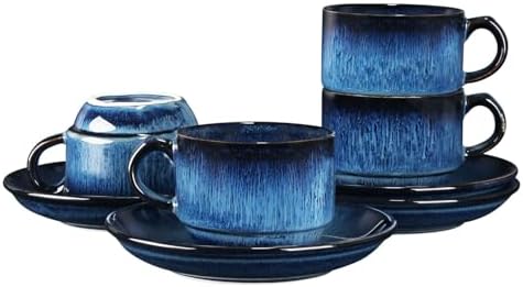 5.1 OZ Cappuccino Coffee Cup and Saucer Set, 4-piece ceramic coffee cup and saucer set, suitable for cappuccino, flat white, Americano, espresso, single-origin pour-over, and tea. (blue) by LIUWYHCF
