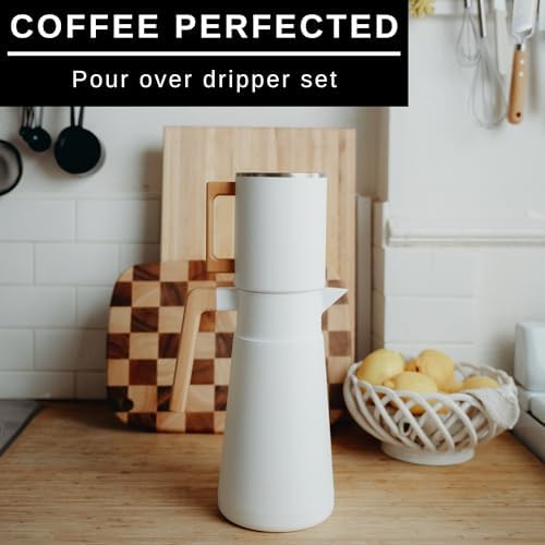 HASTINGS 68 Oz Pour Over Coffee Maker Set with Double Layer Reusable Stainless Steel Filter 8-Cup and Wood Handle - Dual Wall Heat Resistant Drip Coffee Brewer, Pour Over Coffee Dripper Carafe, White - Image 2
