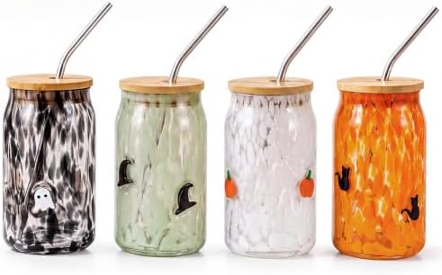 Vesici 4 PCS Halloween Icon Glass Cups, Ghost Pumpkin Cat Witch Hat 16oz by Vesici