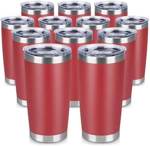 20 oz Tumbler Stainless Steel Tumblers Bulk with Lid Double Wall Insulated Coffee Tumbler Cups for Hot & Cold Drinks Powder Coated Travel Coffee Tumbler Mug Metal (Red, 12 pack) by VQRRCKI