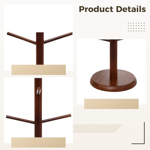 Kitchen Mug Tree, Brown Wood, 6 Hooks, Freestanding Cup Display, Space-Saving Countertop Organizer - Image 4