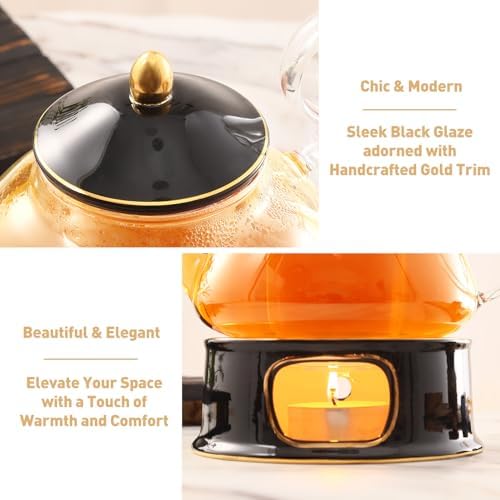 DUJUST Blooming Tea Pot Set, Luxury British Design with Relief Decor & Gold Trims, Hand-Crafted Clear Teapot with Warmer, 40oz Glass Teapot with Infuser, Stove-Safe Tea Party Gift & Home - Black - Image 3