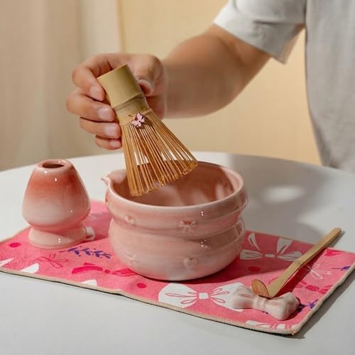 Matcha Whisk Set, 8 Pcs Japanese Ceremony Matcha Tea Powder Making Tools with Pink Bowknot Ceramic Bowl, Bamboo Whisk and Holder, Scoop, Strainer, Ideal for Mat-cha Lovers - Image 7