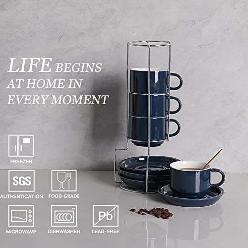 Sweejar Porcelain Cappuccino Cups with Saucers and Metal Stand, 8 Ounce Stackable Espresso Cups for Specialty Coffee Drinks, Latte, Americano, Tea - Set of 4 (Navy) - Image 2