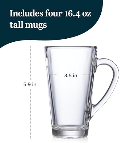 Libbey Cavana Tall Clear Glass Coffee Mugs Set of 4 (16.4 oz), Extra Tall Clear Coffee Mug with Handle, Tapered Latte Mug, Dishwasher Safe - Image 3