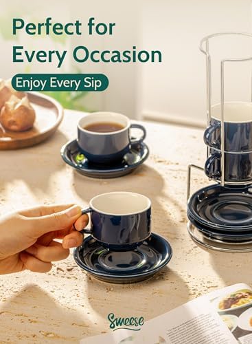 Sweese 2.5 Ounce Porcelain Stackable Espresso Cups with Saucers and Metal Stand Set of 4, Navy - Image 5