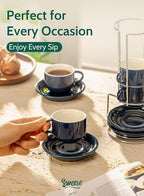 Sweese 2.5 Ounce Porcelain Stackable Espresso Cups with Saucers and Metal Stand Set of 4, Navy - Image 5
