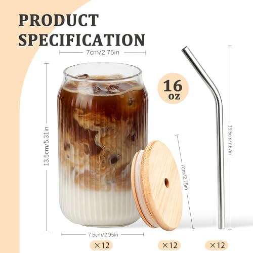 12 Packs Ribbed Glass Tumbler with Lid and Straw 16 oz Cute Ice Coffee Cup Set Bulk Vasos de Vidrio Con Tazas Para Cafe Cocina Accesorios Home Bar Accessories New Home House Warming Gift Kitchen Stuff - Image 2