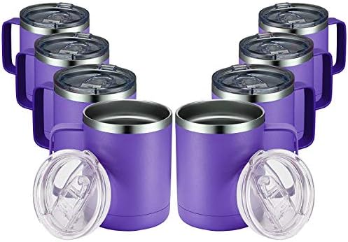MEWAY 12oz Coffee Mug With Handle 8 Pack Bulk,Stainless Steel Insulated Travel Tumblers With Sliding Lid,Double Wall Vacuum Camping Cup for Hot & Cold Drinks Tea (Purple,Set of 8) by MEWAY
