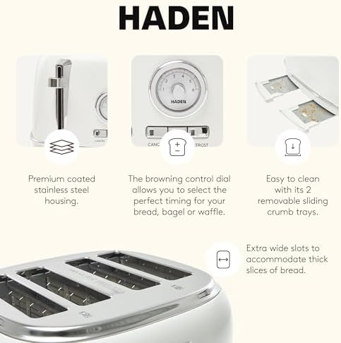 Haden Dorset 4 Slice Wide Slot Stainless Steel Toaster, Ivory & Chrome - Image 3