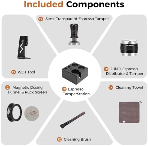 IKAPE 58mm Black Espresso Tool Set 8 IN 1, Coffee Tamper, Distributor, Magnetic Funnel, Puck Screen, Tamper Station, Stirrer Distribution Tool, Cleaning Towel and Brush - Image 3