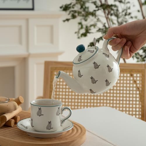 London Pottery Porcelain Coffee Cup with Saucer 220ml/7.4oz, British Teacup Set for Latte, Cappuccino, Espresso, Tea Party Wedding Birthday Housewarming Gift (Cat，Cup and Saucer, 220ml) - Image 3