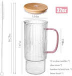 32oz Ribbed Glass Cup with Handle Bamboo Lid and Straw, Glass Tumbler, Iced Coffee Cups Hot/Cold Drinks (Pink Handle) - Image 2