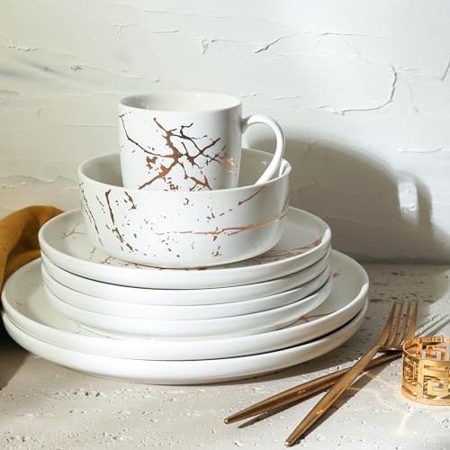 Stone Lain Porcelain 16 Piece Dinnerware set, 4 Full White Gold Splash Sets - Image 5