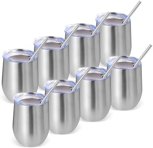 Volhoply 12oz Stainless Steel Wine Tumbler with Lid Bulk 8 Pack,Double Wall Vacuum Stemless Wine Glasses,Reusable Metal Travel Coffe Mug with Straw,Insulated Cup Gifts for Christmas（Silver,8 Set） by LiveFully%EF%BC%8CDrinkFreely%E2%80%94KeepGoingwithVolhoply%EF%BC%81