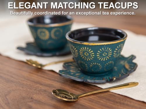 Green Butterfly Cast Iron Tea Set, 2 Cups, 2 Saucers, Infuser & Trivet - Image 5