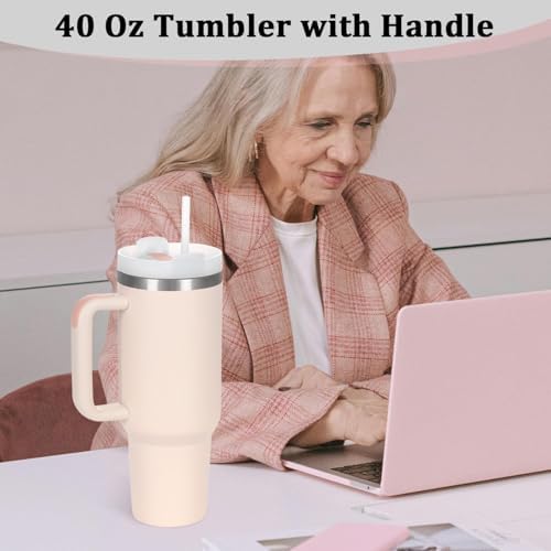 4 Pack 40 Oz Tumbler with Handle Bulk, Double Wall Vacuum Insulated Stainless Steel Tumbler with Lid and Straw, 40 oz cup with Silicone Spill Proof Stopper Set (Rose Quartz) - Image 7