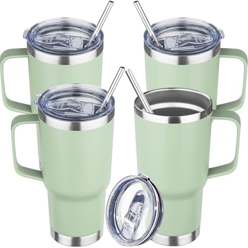 20 oz Tumbler with Handle Stainless Steel Insulated Coffee Mug Tumbler with Lid and Straw Double Wall Vacuum Insulated Coffee Mug Leak Proof Travel Mug Tumbler for Hot and Cold Drink (Green Tea,4pack) by YEBTSLife
