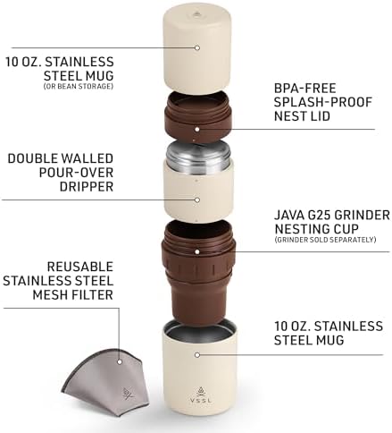VSSL - Nest Pour Over Coffee Kit | Coffee Maker for Camping | All-In-One Travel Pour Over | Transportable Dripper, Two 10oz Stainless Steel Travel Mugs | Compact Storage & Adventure Ready | Cream - Image 5