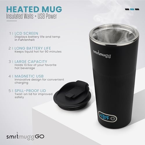 SMRTMUGG GO Heated Coffee Mug, Travel Mug, 13.5 OZ. Smart Mug, Battery Powered Heated Coffee Mug, Great for Coffee and Tea, Snap on Magnetic Charging Cord, Adjustable Temperature (Black) - Image 3