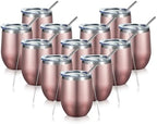 COMOOO Rose Gold Stainless Steel Wine Tumbler Bulk with Lid and Straw 12oz Double Wall Vacuum Insulated Travel Tumbler Cup for Coffee Wine Cocktails Ice Cream Cup Rose Gold, 12 pack by COMOOO