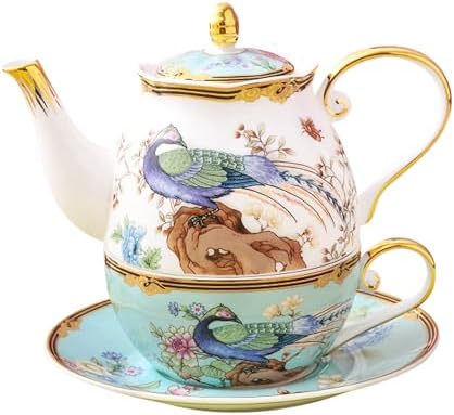 ACMLIFE Tea Set For One - Vintage Floral Bone China Tea Set for One Teapot fnd Cup Set, Bone China Teapot & Cup, 12 Oz, Blue and WhiteTea Set for Women for Gift(Light blue) by ACMLIFE